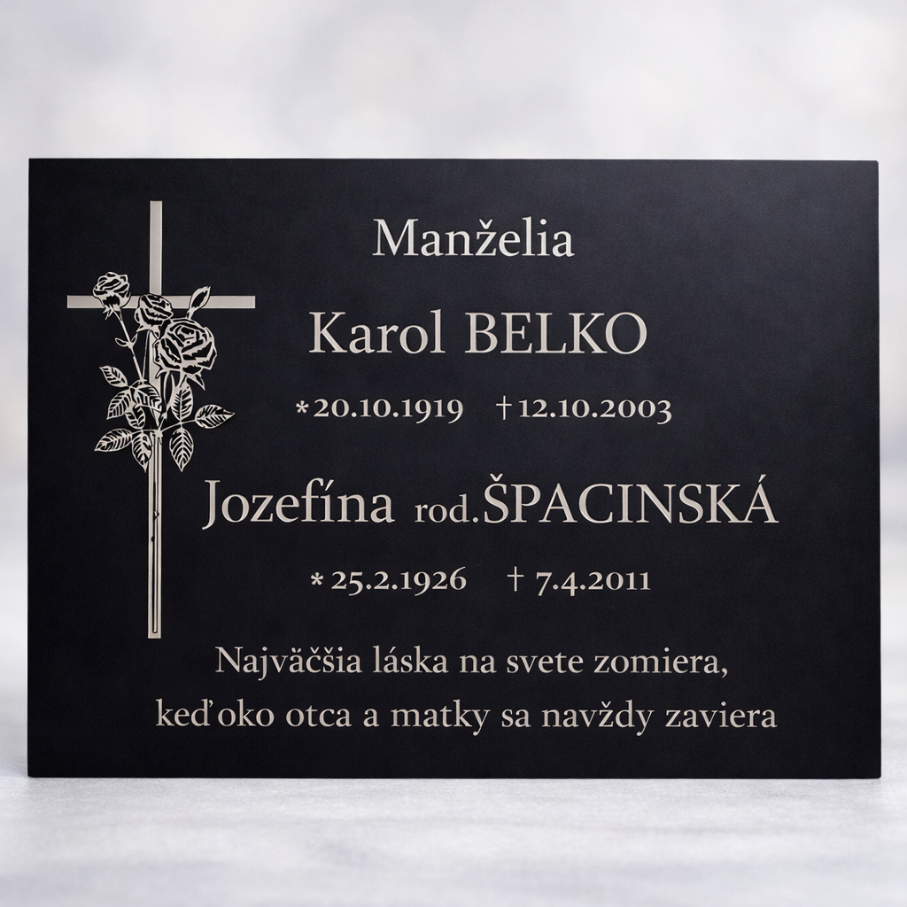 Pamätná tabuľa na náhrobný kameň - s vlastným textom + ozdobným krížikom (70x65cm)